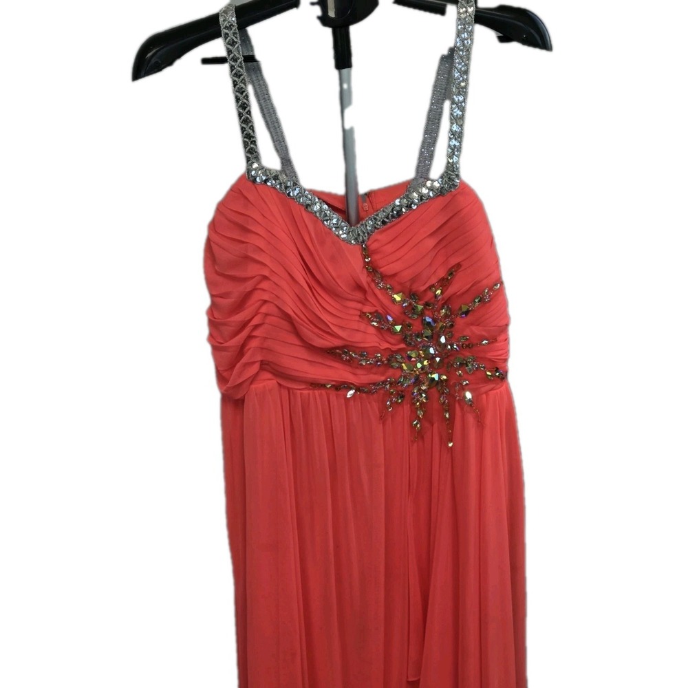DEB Long Evening Gown Formal Prom Dress Womens 18 Beaded Sequin Coral Chiffon